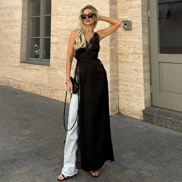 CUTENOVA  2025 Spring And Summer New Solid Color Sleeveless Lace Patchwork Sling High Split Dress Sexy Hottie Fashion Dresses